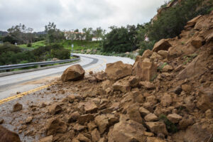 Winter storm landslide blocking Santa Susana Pass Road in the City of Los Angeles, California.